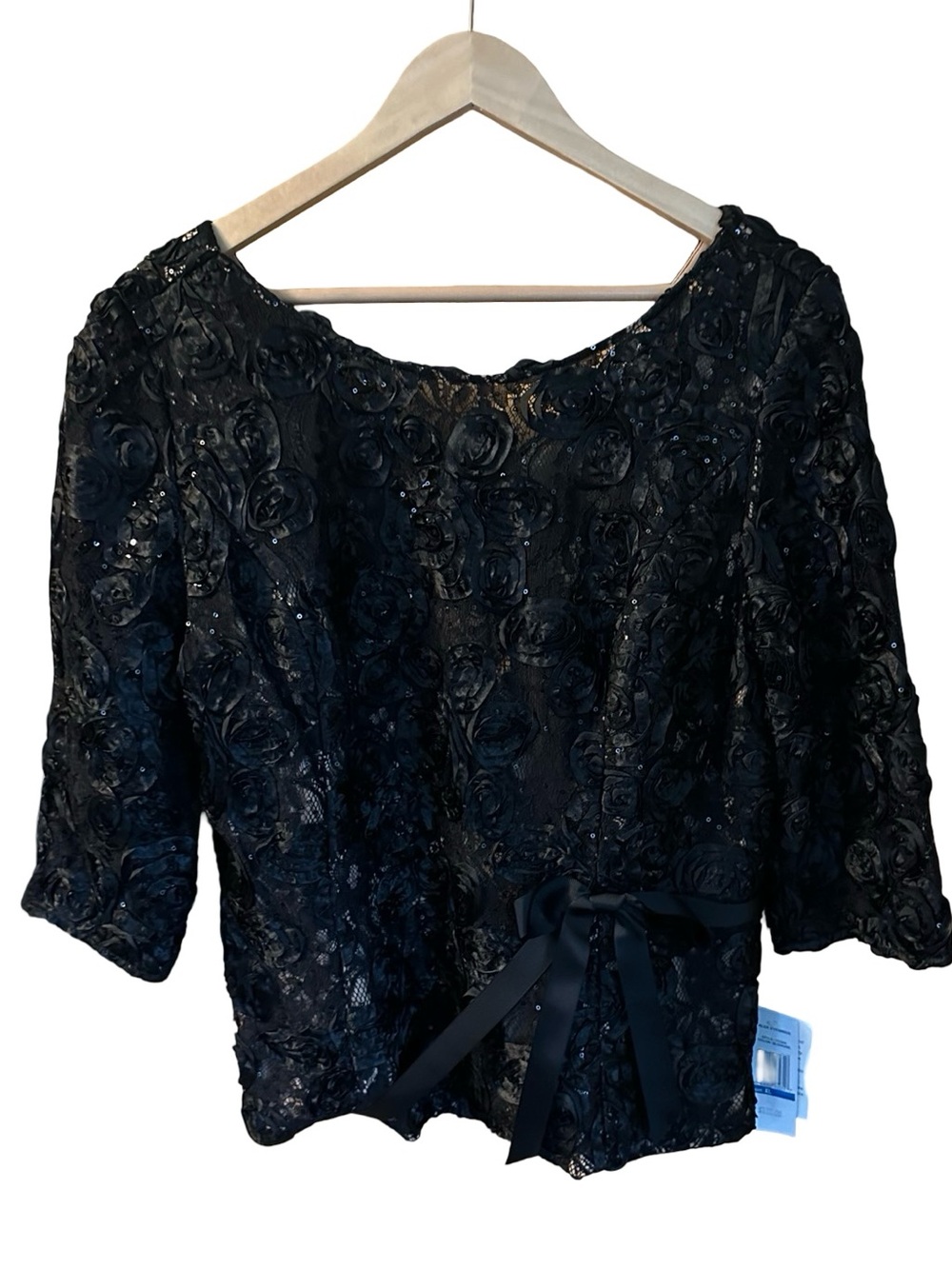 NWT Alex Evenings Floral Lace Tie Front Blouse Black Beige XL - Picture 2 of 9